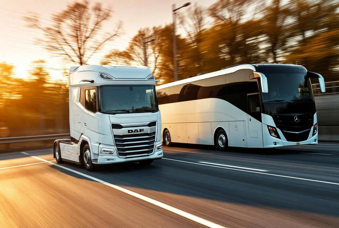 CCV-erkende Code 95 nascholing — moderne vrachtwagen en touringcar in beweging